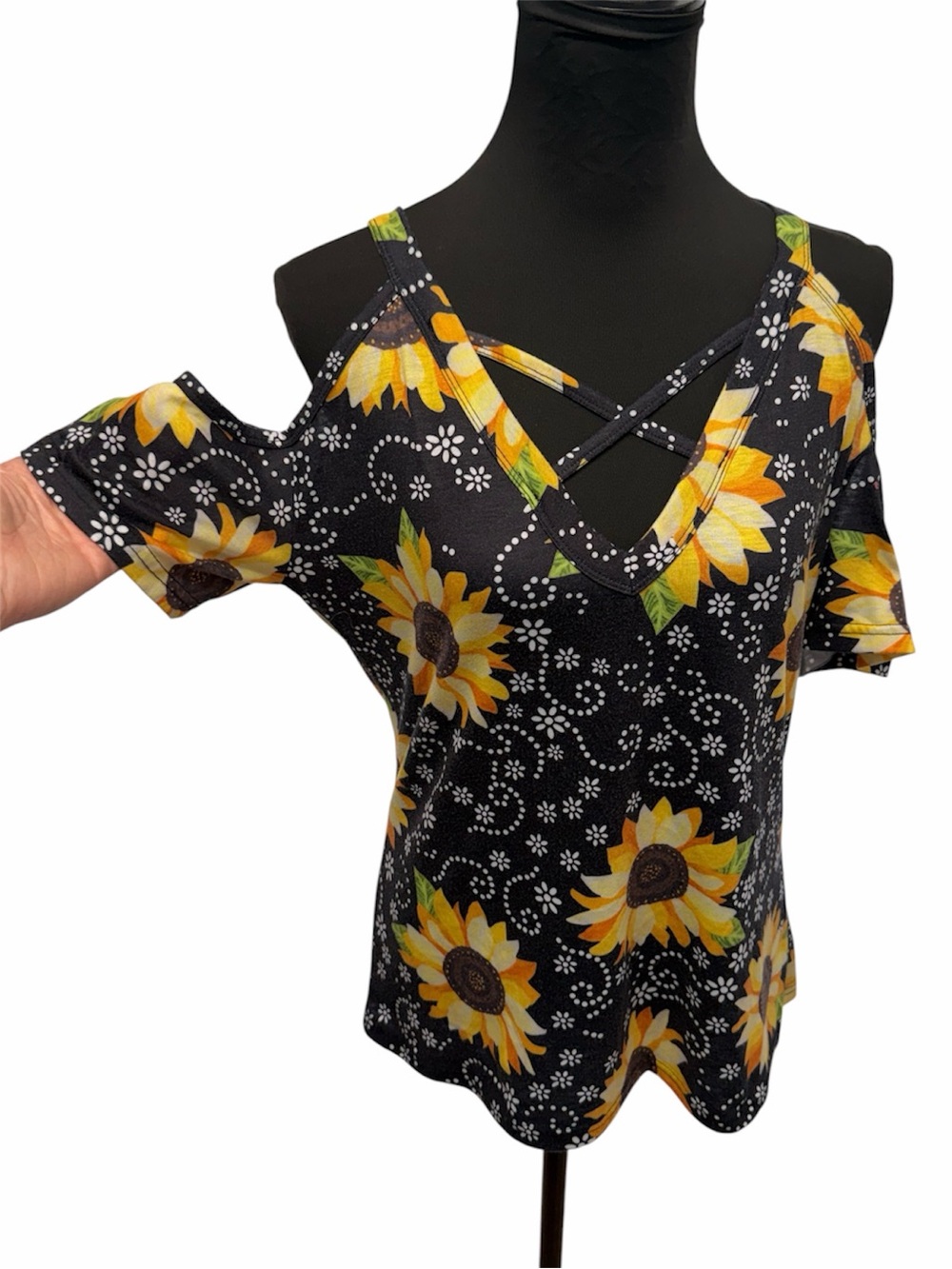 Unbranded Black Sunflower Print Cold Shoulder Top Boho Casual